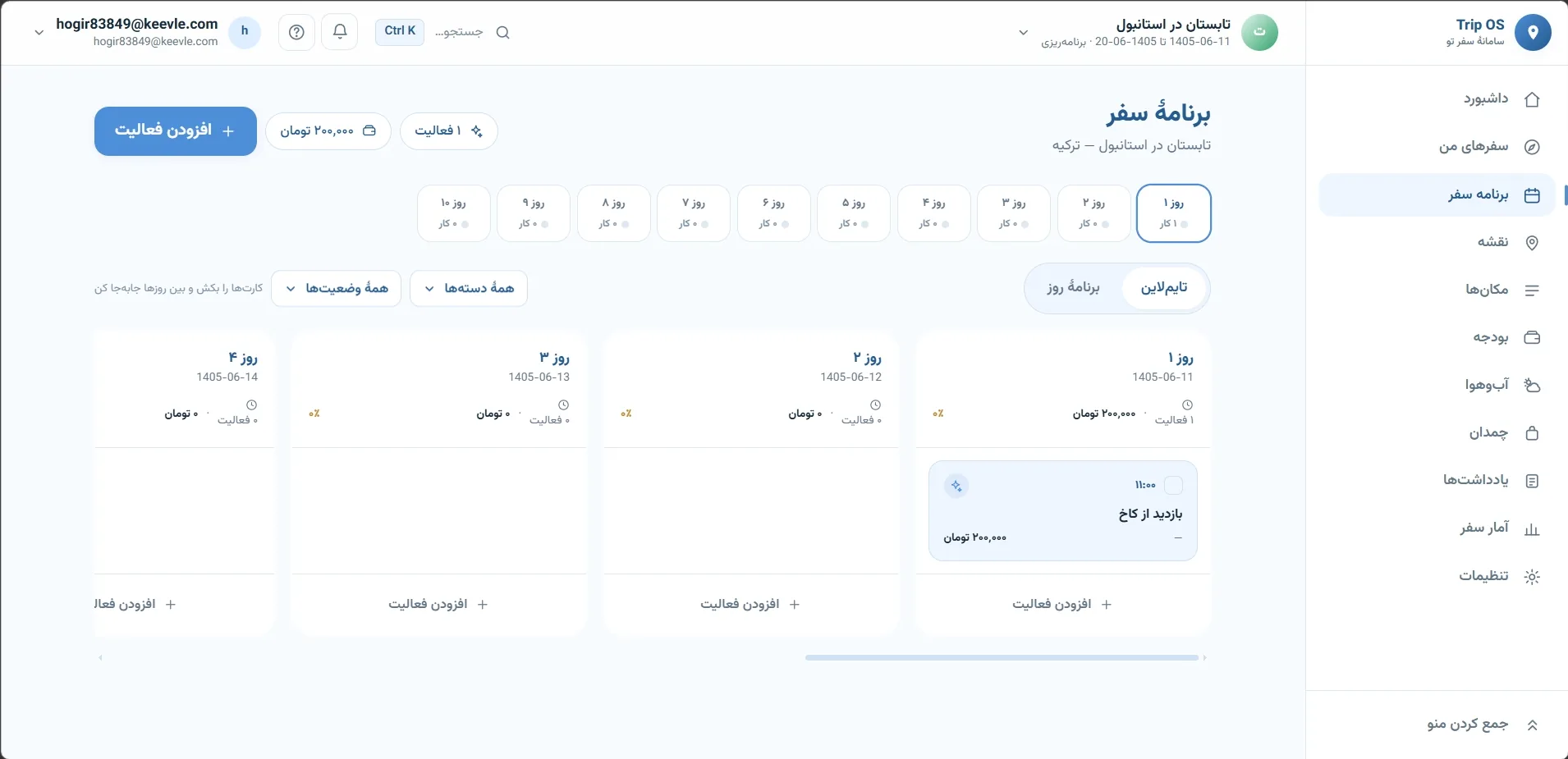 برنامه روزانه و تایم‌لاین دقیق در TRIP OS